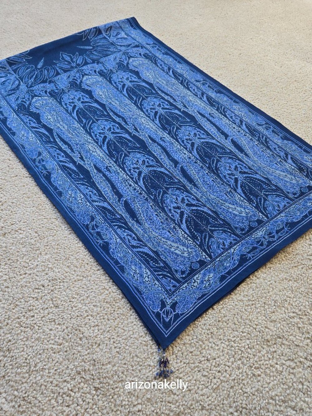 NWOT Blue Silk Oblong Scarf With Beads on Each Corner